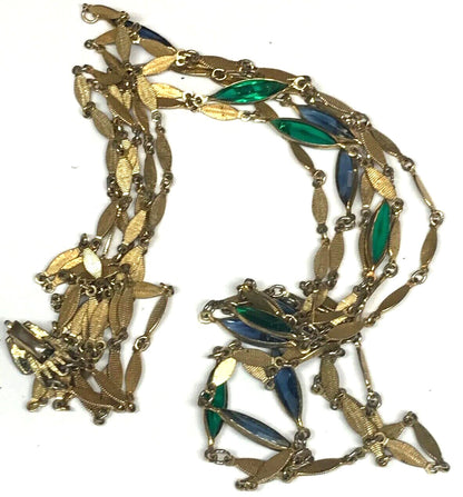 Vintage Gold Tone Blue Green Glass Bead Three Strand Graduated Drop Necklace