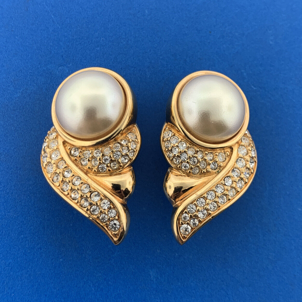 1970's Swarovski SAL Gold Tone Crystal Faux Mabe Pearl Statement Clip Earrings