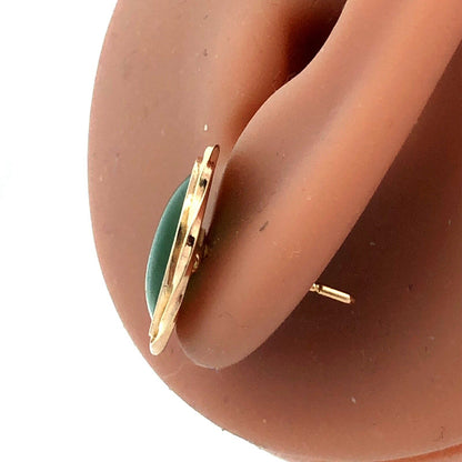 Estate 14K Yellow Gold Oval Green Jade Cabochon Ribbed Bezel Stud Earrings