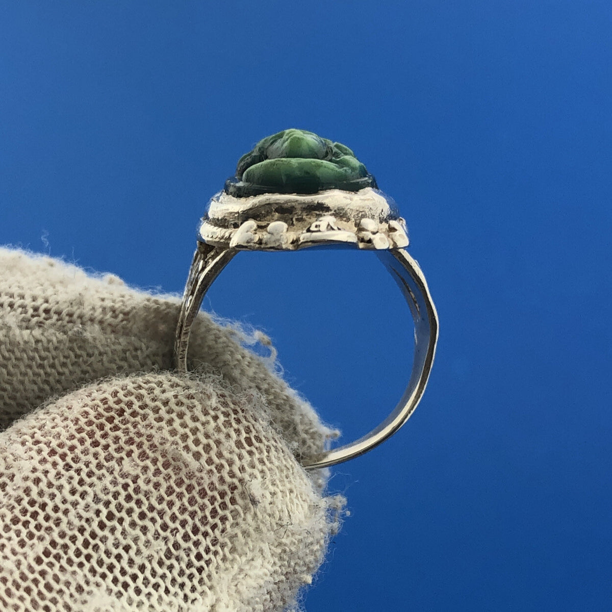 Retro 925 Sterling Silver Carved Green Mayan Aztec Warrior Cameo Ring