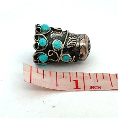 Vintage Taxco Mexico 925 Sterling Silver Turquoise Vines Scroll Thimble