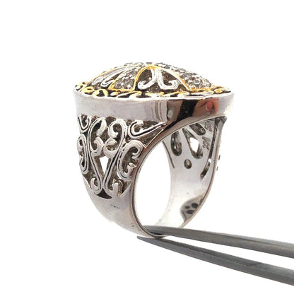 Designer 925 Sterling Silver Gold Tone Accents CZ Open Work Cross Statement Ring