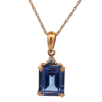 Designer 10K Yellow Gold Emerald Shaped Ceylon Sapphire Diamond Accent Necklace