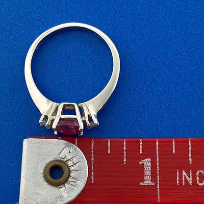Vintage 14K White Gold Oval Ruby Solitaire Diamond Accent July Anniversary Ring