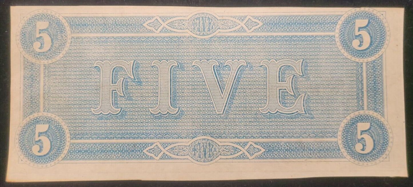 1864 $5 Richmond, VA Confederate States of America Rare Obsolete Bank Note