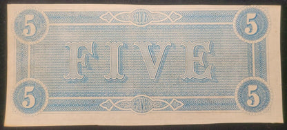 1864 $5 Richmond, VA Confederate States of America Rare Obsolete Bank Note