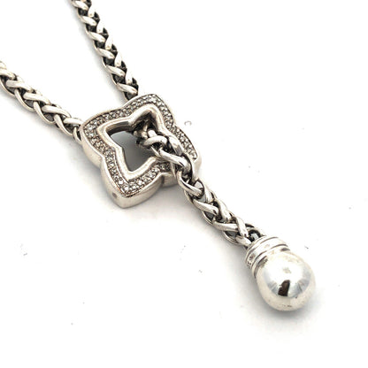 Retired David Yurman 925 Sterling Silver Diamond Quatrefoil Lariat Necklace
