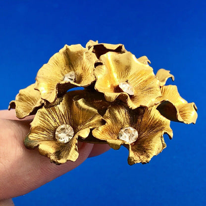 Vintage Gold Tone 3D Rhinestone Floral Cluster Statement Runway Clip Earrings