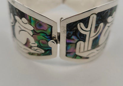 Vintage Mexico Taxco CS Sterling Silver Abalone Inlay Oval Panel Cuff Bracelet