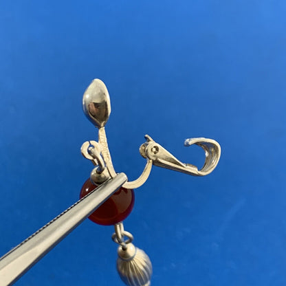 Vintage Carnelian Bead 925 Sterling Silver Dangle Clip On Earrings