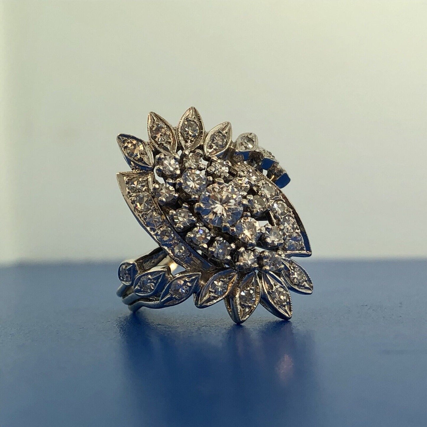 Estate 14K White Gold Diamond Feather Flower Cluster Statement Anniversary Ring