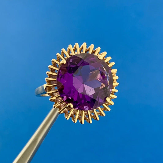 Mid Century 14k Yellow Gold Round Amethyst February Anniversary Statement Ring
