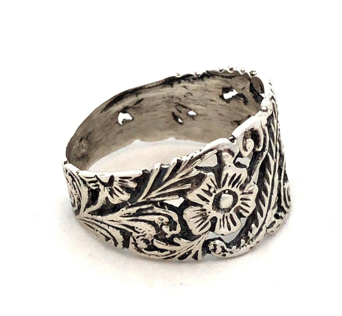 Estate 925 Sterling Silver Floral Flower Vines Nature Open Work Wide Band Ring