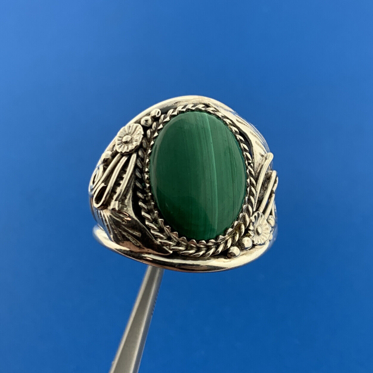 Navajo Lorraine Spencer 925 Sterling Silver Malachite Unisex Squash Blossom Ring