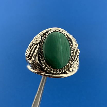Navajo Lorraine Spencer 925 Sterling Silver Malachite Unisex Squash Blossom Ring