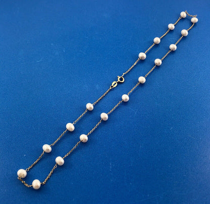 Designer RCI 14K Yellow Gold Cultured Pearl Station Necklace