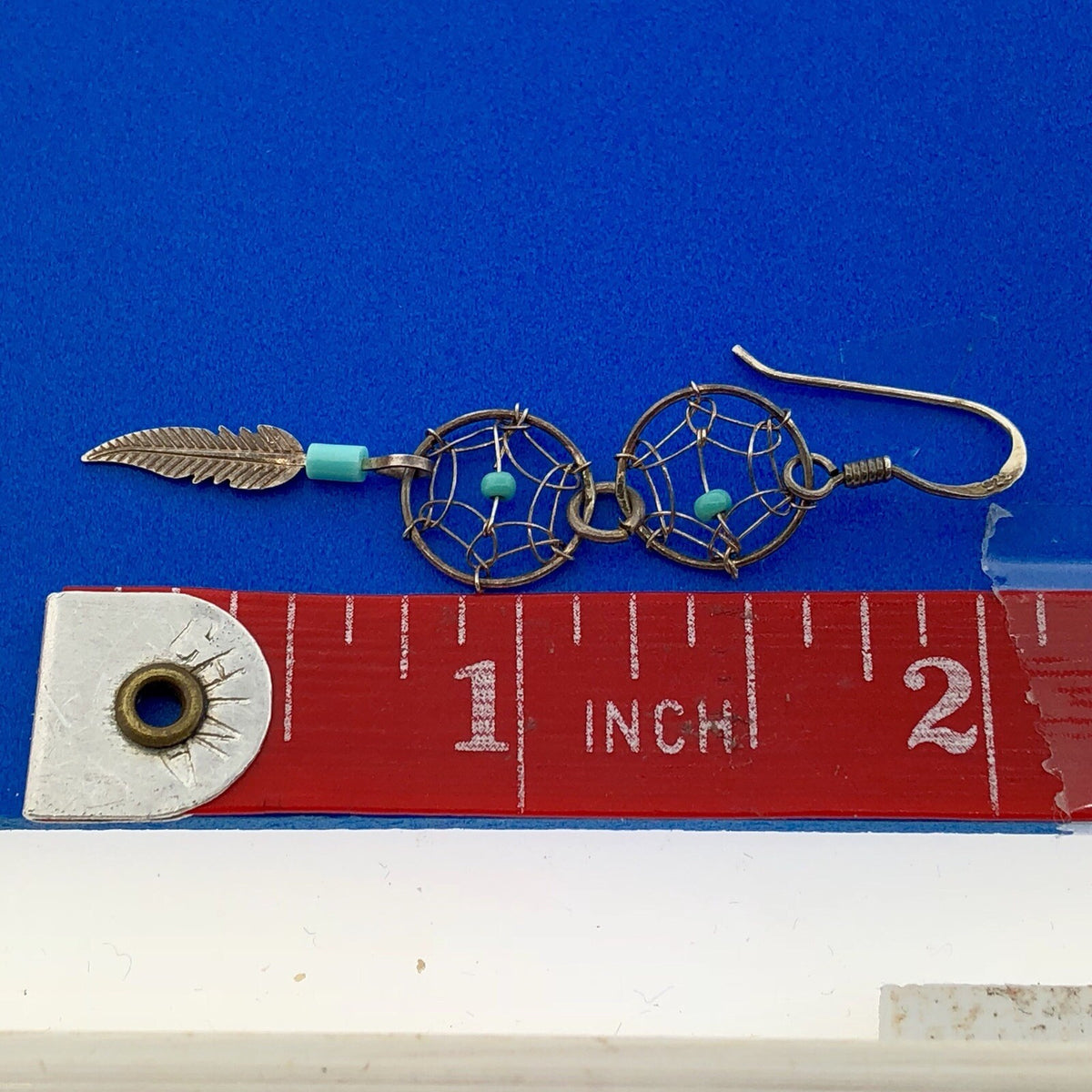 Artisan Sterling Silver 925 Turquoise Intricate Dream Catcher Dangle Earrings