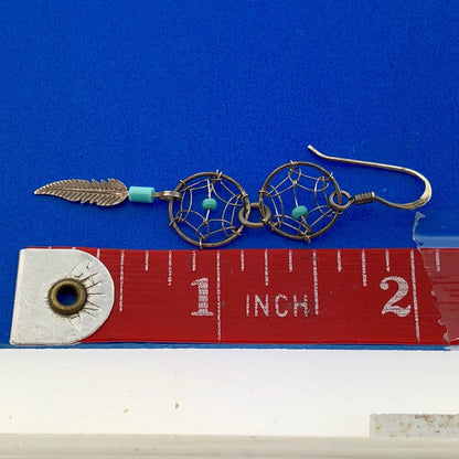 Artisan Sterling Silver 925 Turquoise Intricate Dream Catcher Dangle Earrings