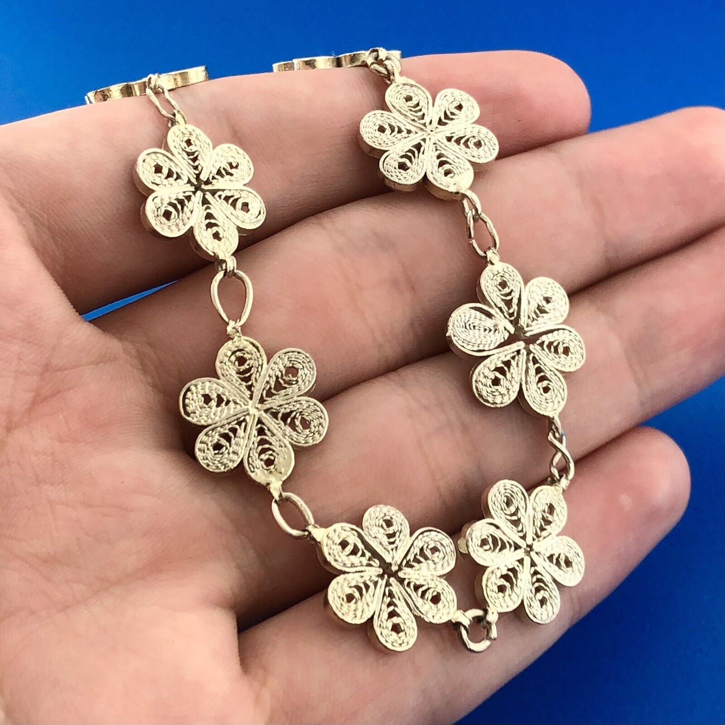 Retro 925 Sterling Silver Vermeil Two Toned Filigree Daisy Flower Panel Bracelet