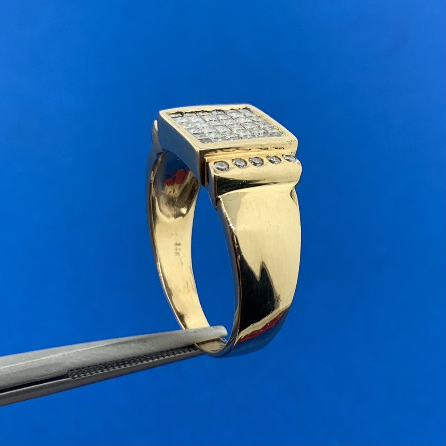 14K Yellow Gold Pave Princess Diamond Square Top Statement Unisex Cocktail Ring