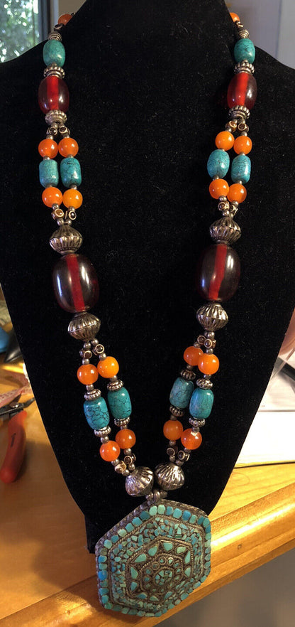 Vintage India Silver Plate Multi-Gemstone Turquoise Statement Beaded Necklace