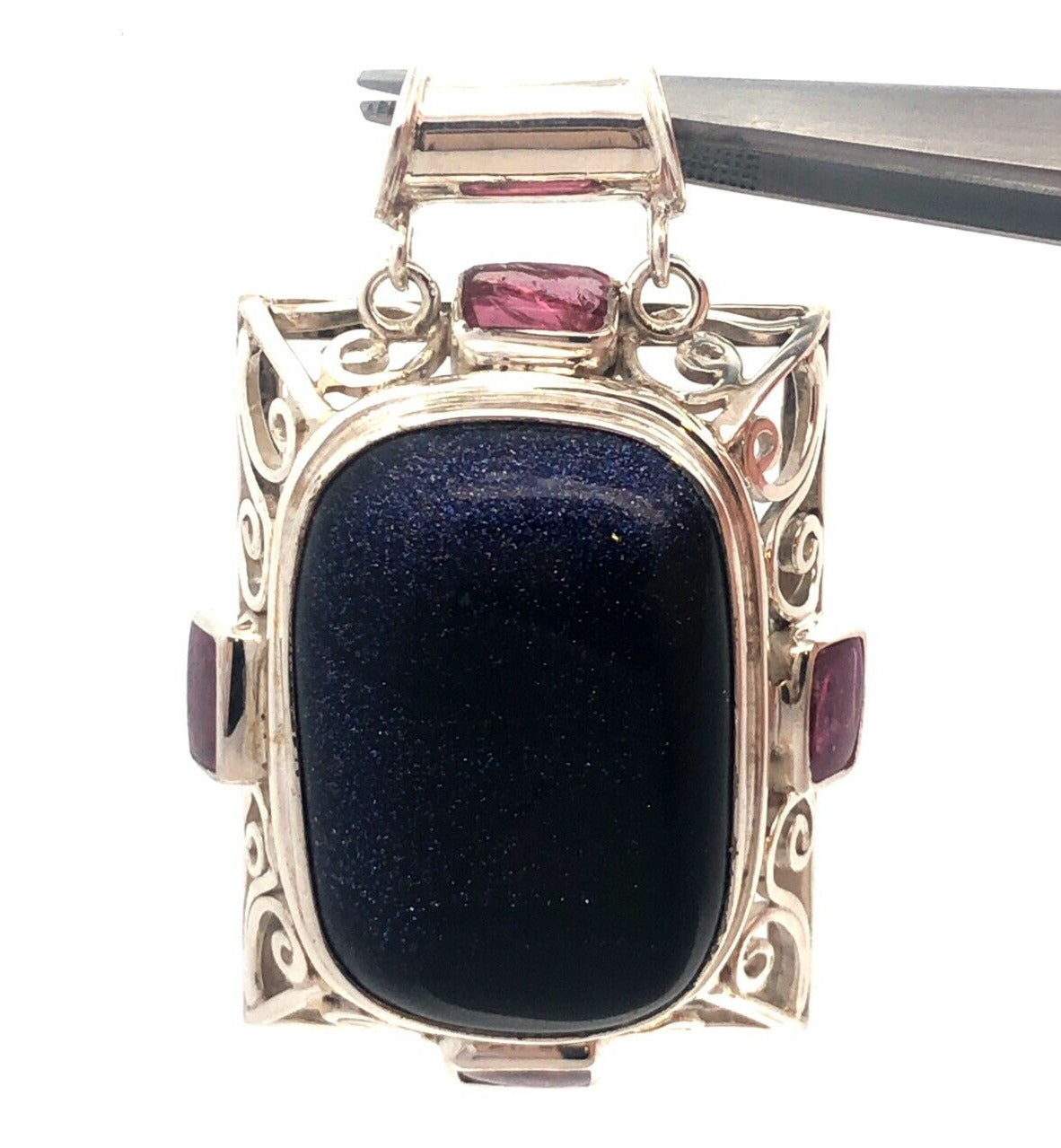Estate 925 Sterling Silver Rectangle Blue Sandstone Amethyst Statement Pendant