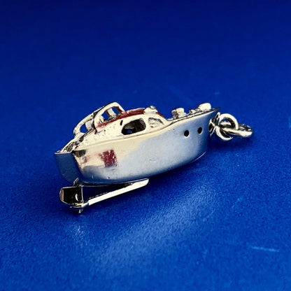 Vintage Designer WELLS 925 Sterling Silver 3D Red Enamel Speed Ski Boat Charm