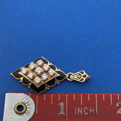 Vintage 14K Yellow Gold Diamond Cluster Black Enamel Dangle Drop Pendant