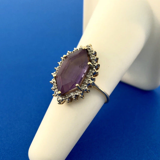 Estate 14K Yellow Gold Amethyst Diamond Halo February Anniversary Occasion Ring
