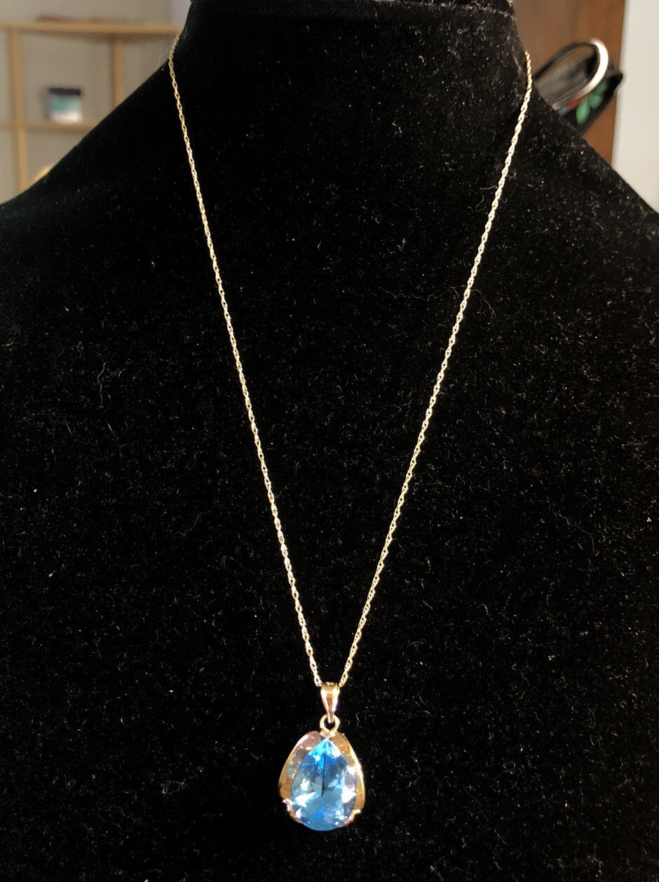 Designer 14K Yellow Gold Pear Blue Topaz Solitaire Statement Pendant Necklace