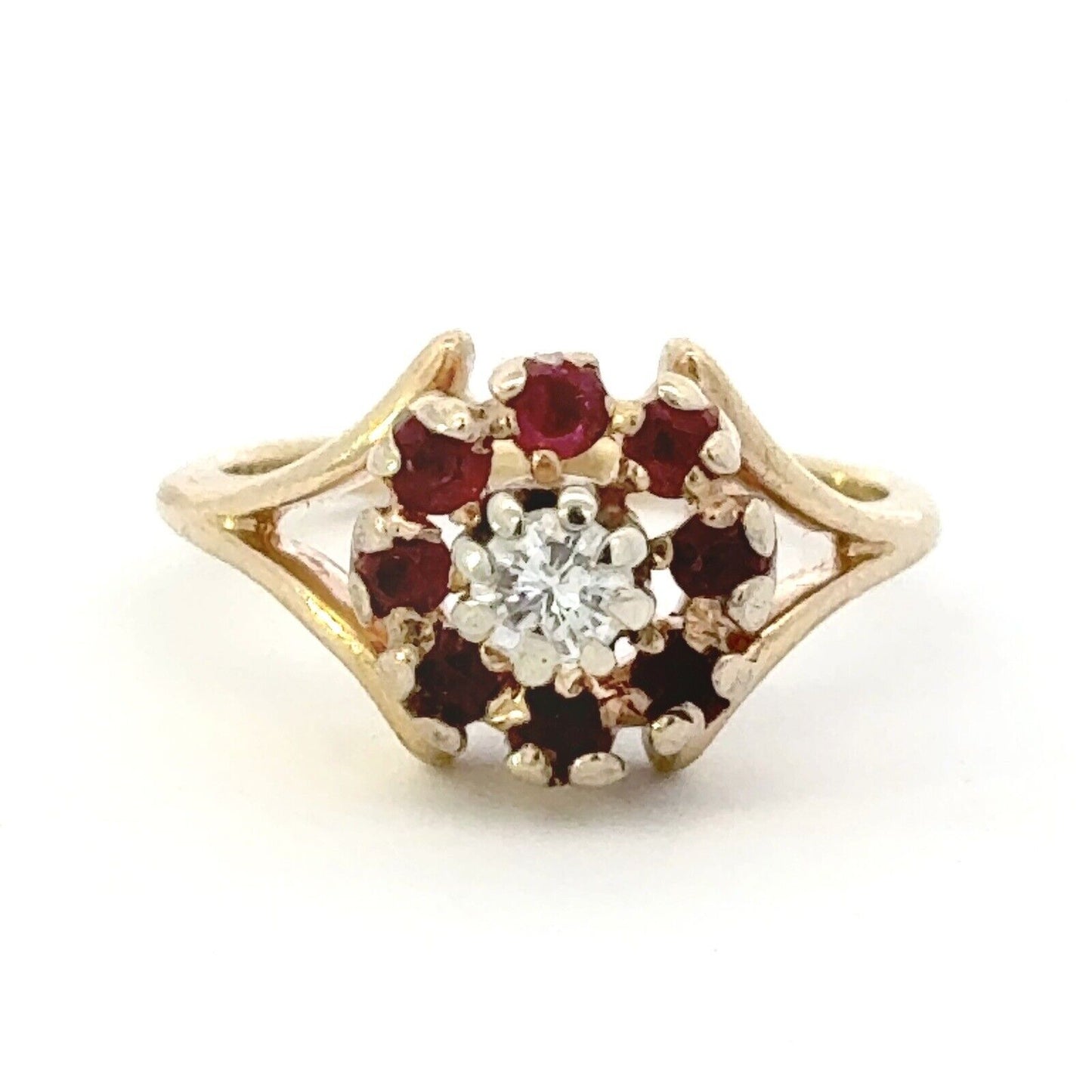 Designer 14K Yellow Gold Diamond Ruby Floral Flower Cocktail Ring