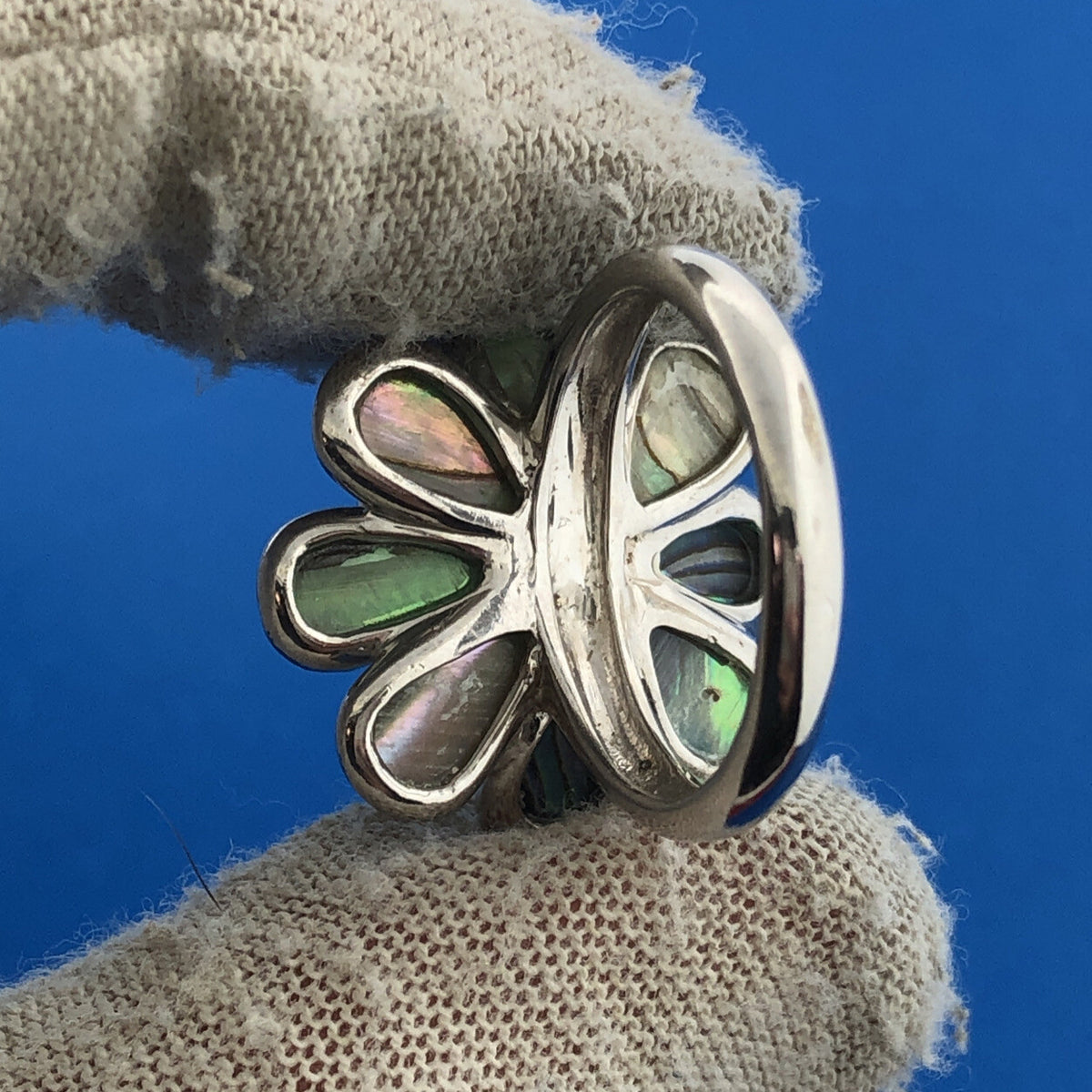 Designer KN China Sterling Silver 925 Amethyst Abalone Flower Cocktail Ring
