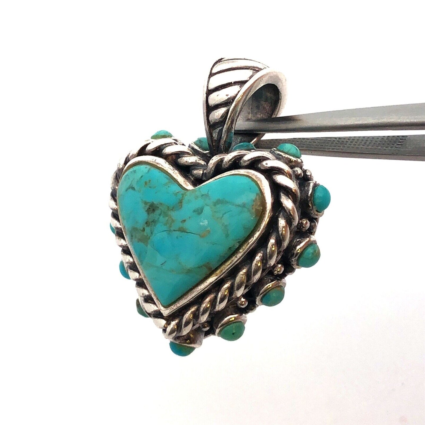 Native American 925 Sterling Silver Turquoise Heart Cabochon Statement Pendant