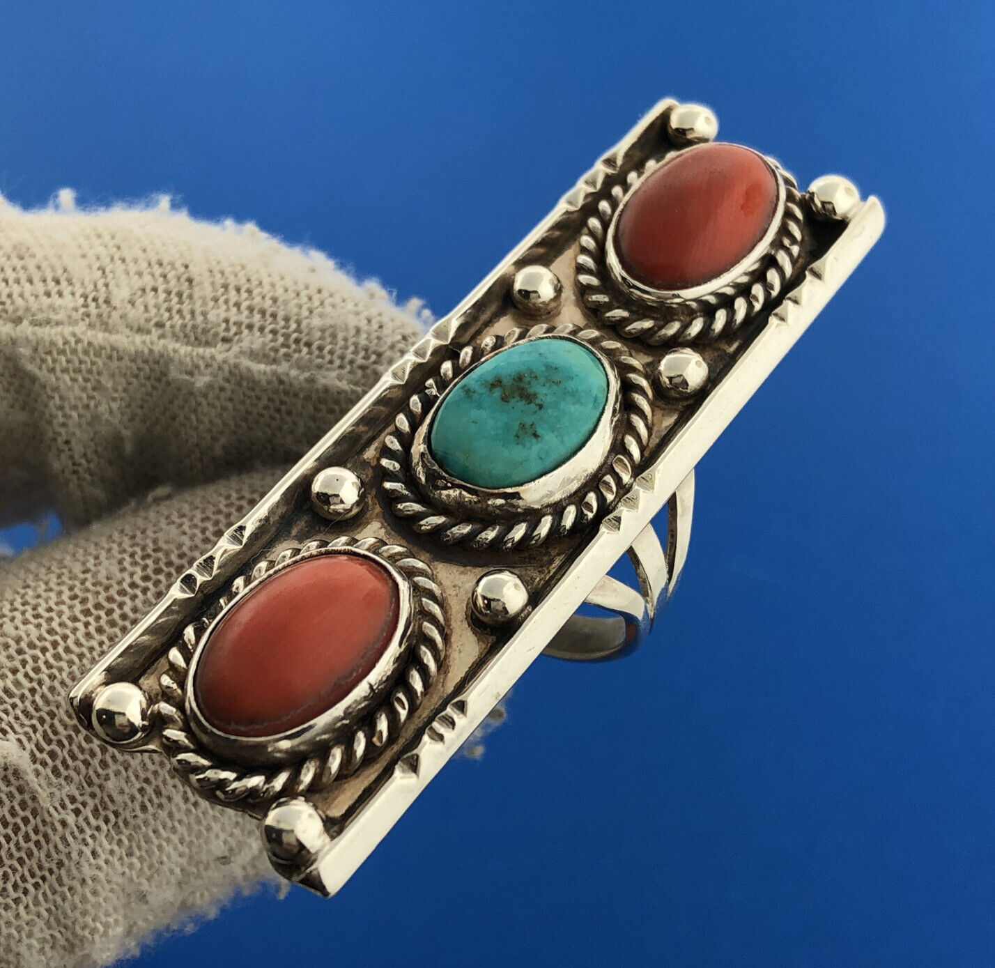 Native American Artisan Sterling Silver Coral Turquoise Rectangle Statement Ring