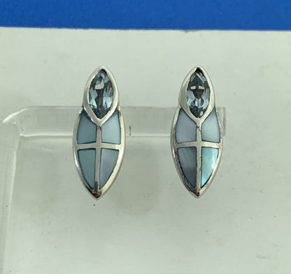 Designer 925 Sterling Silver Blue Topaz Blue Mother of Pearl Inlay Stud Earrings