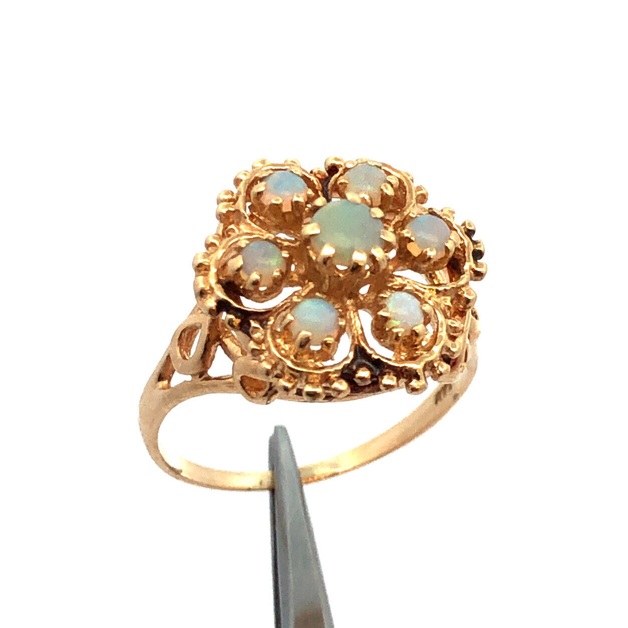 Vintage 14K Yellow Gold Opal Cabochons Flower Floral Cluster Statement Ring