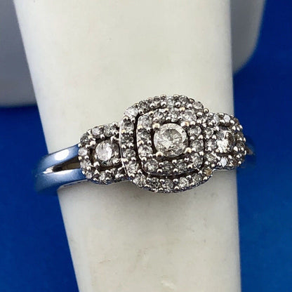 Estate 10K White Gold Diamond Double Halo Accents Engagement Anniversary Ring
