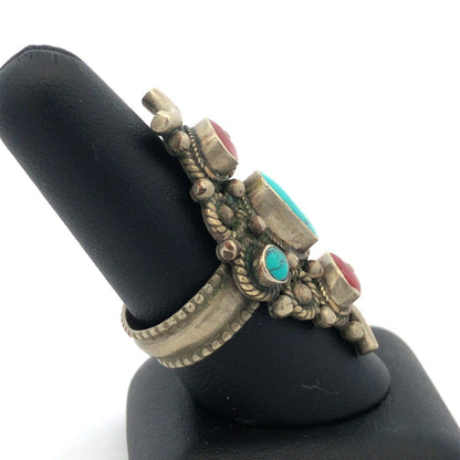 Native American Silver Plate Oval Turquoise Red Coral Detailed Statement Ring