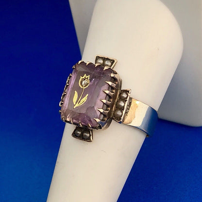 Art Deco Art Nouveau 14K Yellow Gold Amethyst Diamond Seed Pearl Cocktail Ring