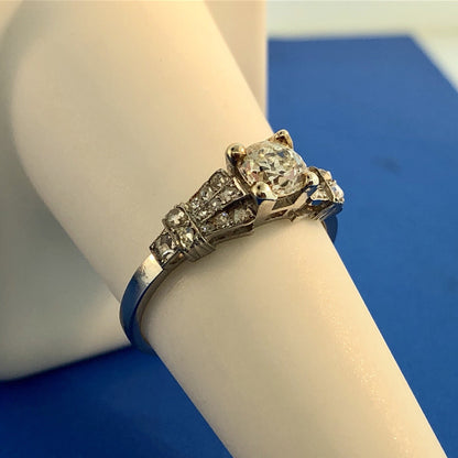 Art Deco Platinum European Mine Cut Diamond Solitaire W/Accents Engagement Ring