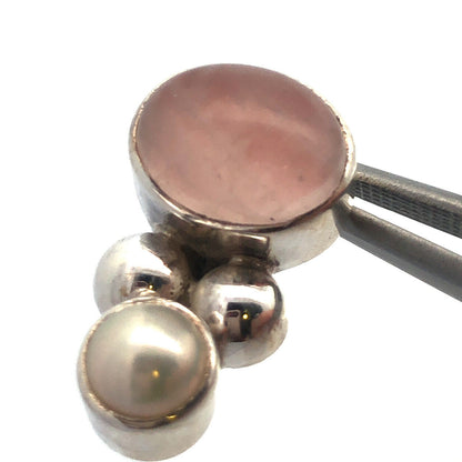 Vintage 925 Sterling Silver Oval Rose Quartz Pearl Drop Stud Earrings
