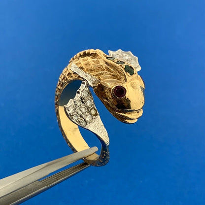 Retro 18K Yellow Wht Gold Diamond Ruby Emerald Textured Koi Fish Statement Ring