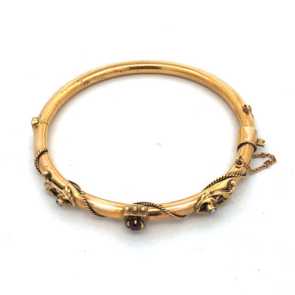 Art Nouveau Art Deco 14K Yellow Gold Garnet Seed Pearl Etruscan Bangle Bracelet