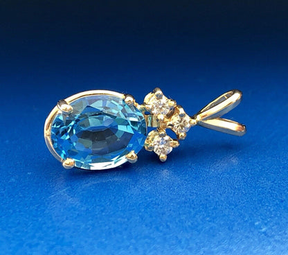 14K Yellow Gold London Blue Topaz Diamond Drop December Anniversary Pendant