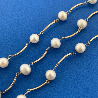 Designer 14K Yellow Gold Pearl Station Bar Link June Bridal Anniversary Necklace