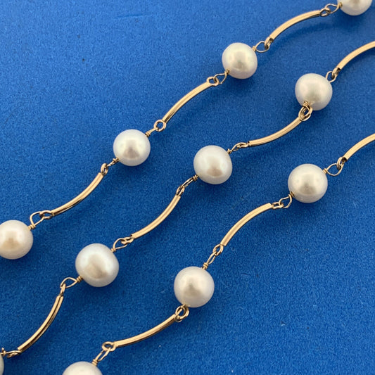 Designer 14K Yellow Gold Pearl Station Bar Link June Bridal Anniversary Necklace