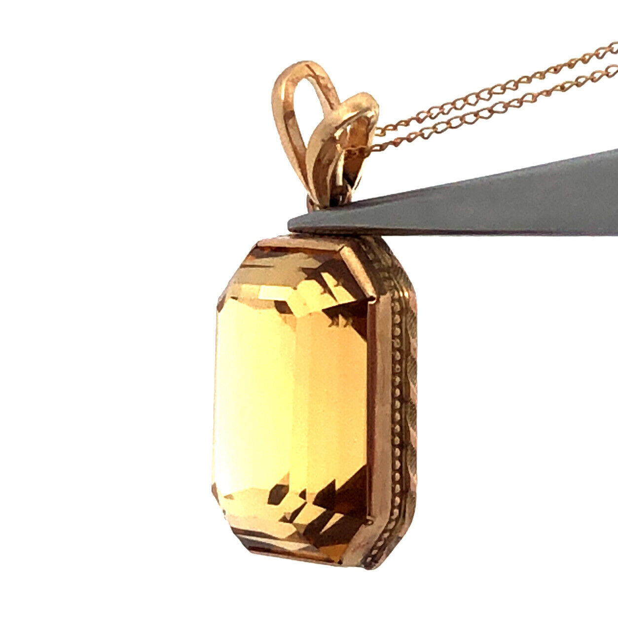 Designer 14K Yellow Gold Emerald Cut Citrine Statement Pendant Chain Necklace