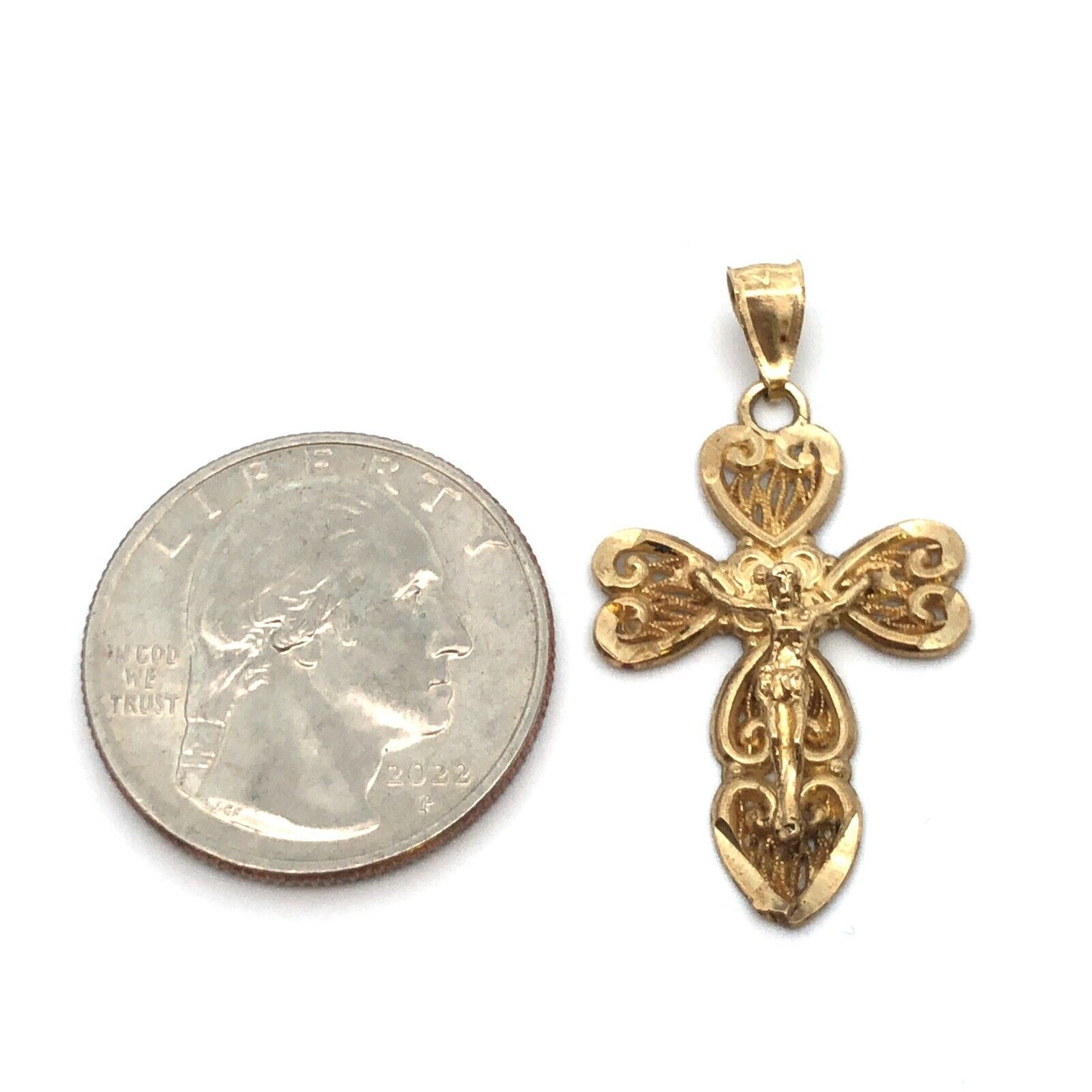 10K Yellow Gold Filigree Cross Crucifix Catholic Gift Religious Pendant