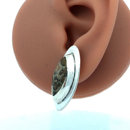 Vintage Mexico 925 Sterling Silver Oval Leopard Skin Jasper Stud Earrings
