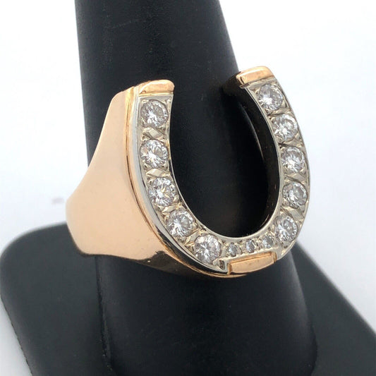 Vintage Designer 14K Yellow Gold Diamond Lucky Horseshoe Statement Unisex Ring